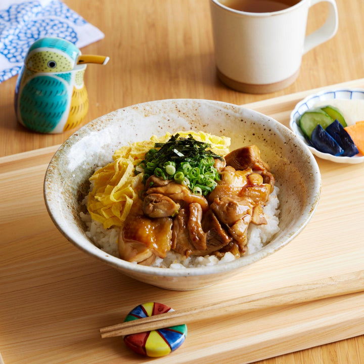 Rustic ramen bowl in warm earth tones, served with teriyaki chicken, shredded egg, green onions, and seaweed over rice on a wooden tray.