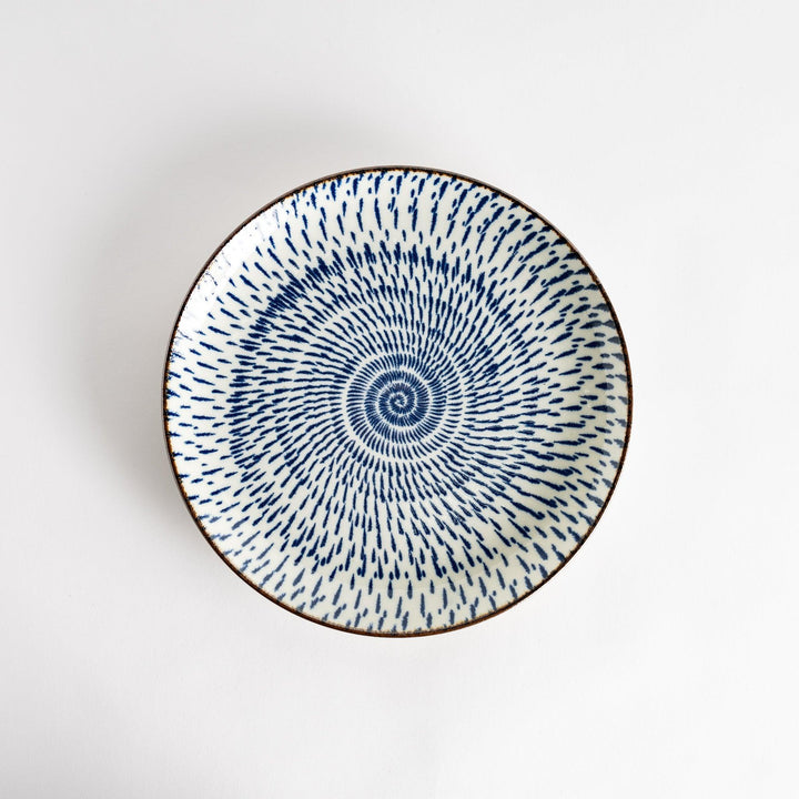 A round dinner plate featuring a striking pattern of blue lines radiating from the center.