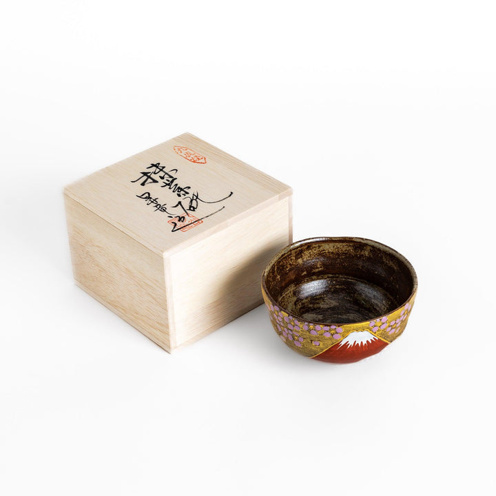 Matcha Bowl featuring a beautiful design of Mount Fuji with sakura blossoms and golden accents.