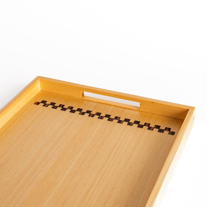 Elegant hinoki wood serving tray with decorative sakura bark accents, perfect for serving tea, breakfast, or displaying small items with a touch of Japanese aesthetics.