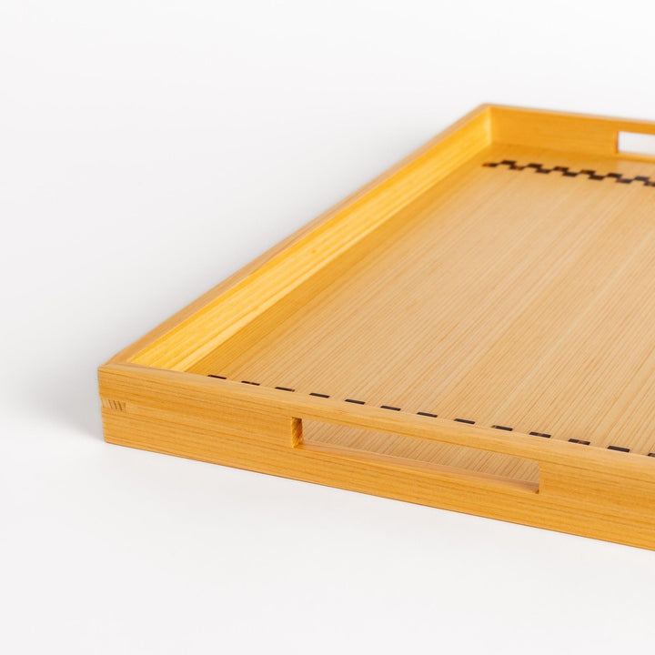 Elegant hinoki wood serving tray with decorative sakura bark accents, perfect for serving tea, breakfast, or displaying small items with a touch of Japanese aesthetics.
