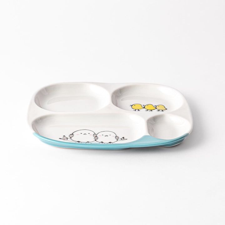 Adorable kids' plate featuring two snowbirds at the bottom and three yellow chicks at the top, with a light blue accent, perfect for brightening up mealtime.