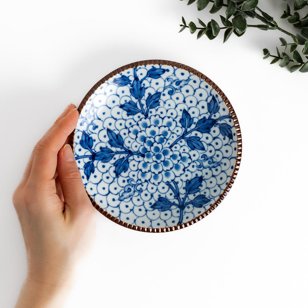 Dessert Plate featuring a beautiful blue spotted floral design with a delicate, beaded rim for an elegant touch.