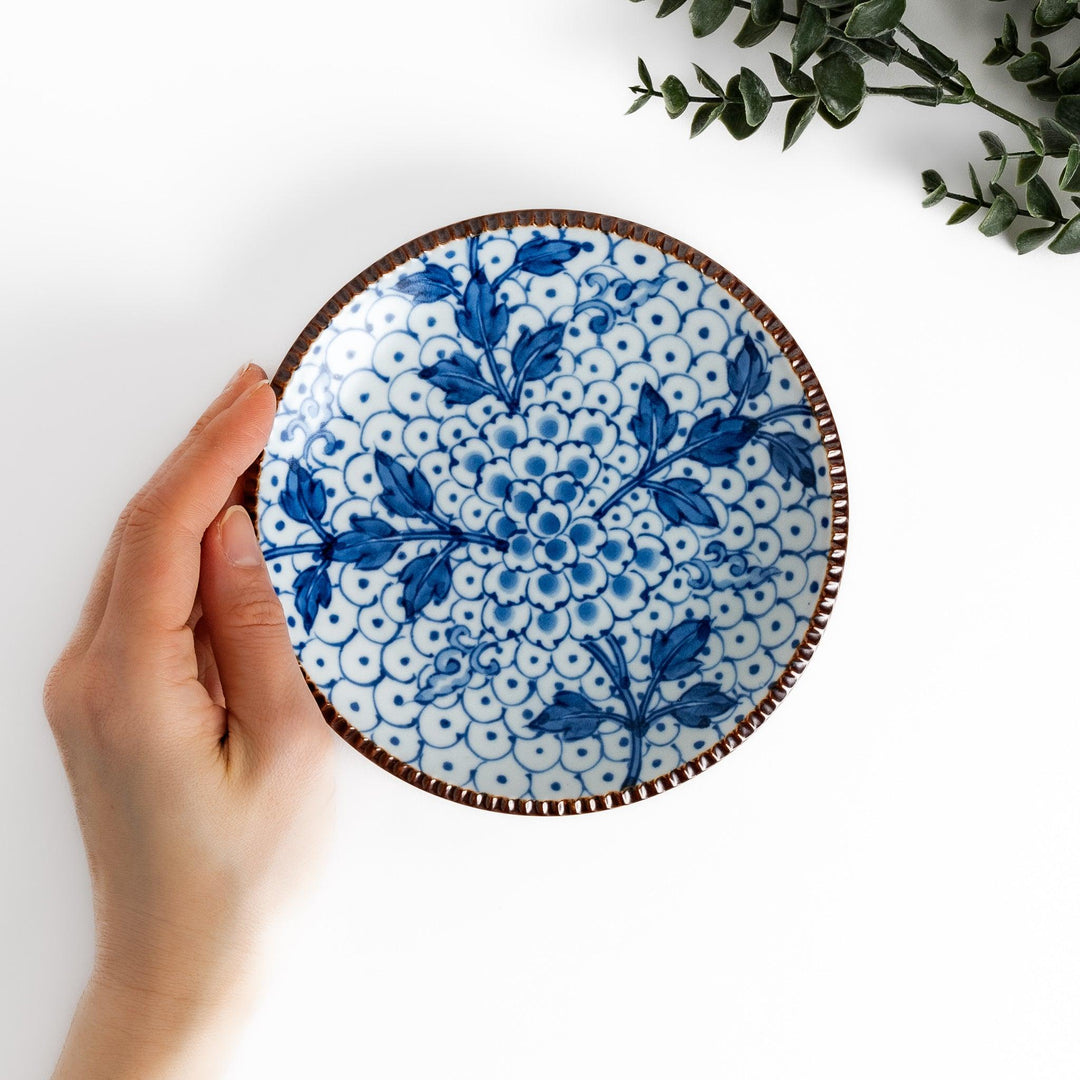 Dessert Plate featuring a beautiful blue spotted floral design with a delicate, beaded rim for an elegant touch.