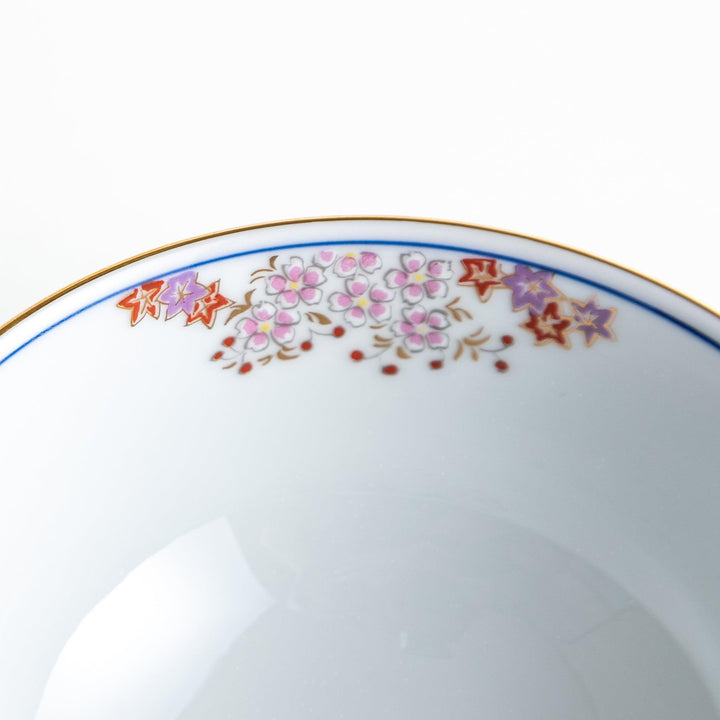 A round ceramic rice bowl with detailed traditional Japanese designs of trees and clouds in blue, red, and green on a white background.