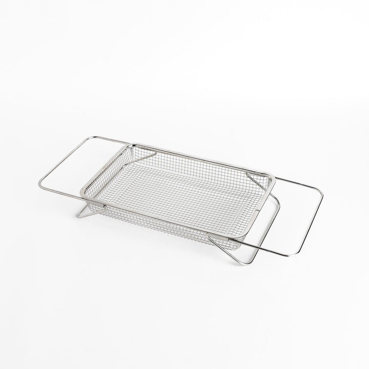 Durable stainless steel draining basket with a fine mesh design, perfect for draining liquids from food during preparation or cooking.