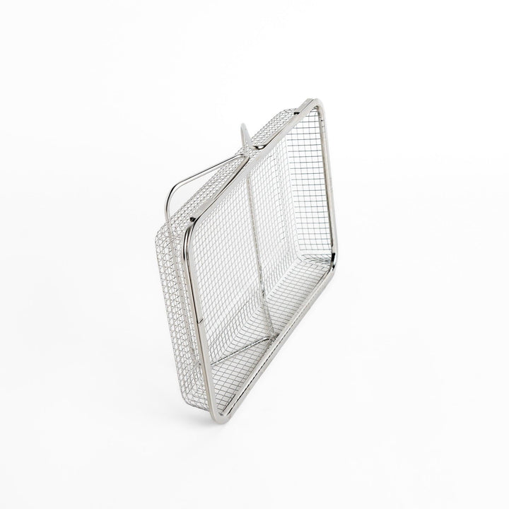 Durable stainless steel draining basket with a fine mesh design, perfect for draining liquids from food during preparation or cooking.