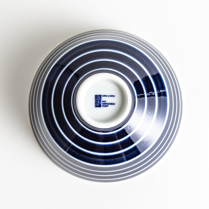 Medium-sized blue or red donburi bowl with thin horizontal white stripes and a matching dark base.