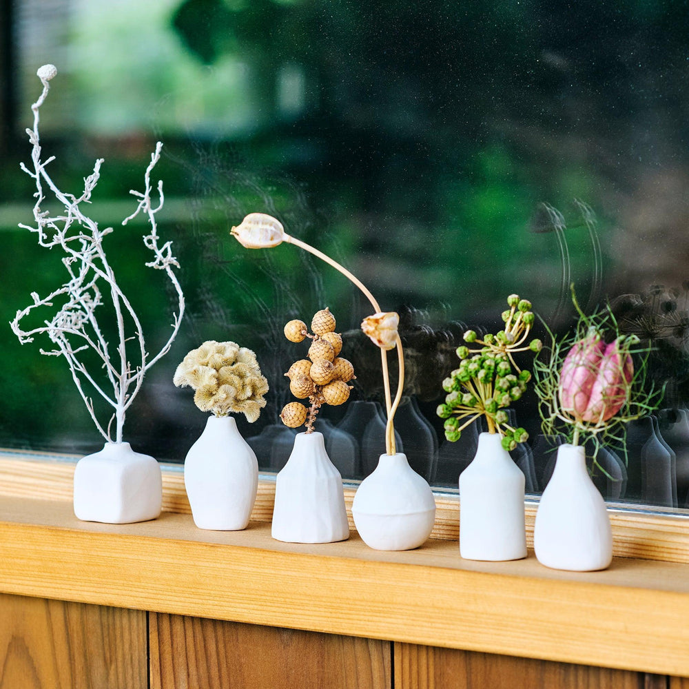 Minimalist white ceramic bud vases in varied shapes on a windowsill showcasing assorted dried flower stems for home decor.