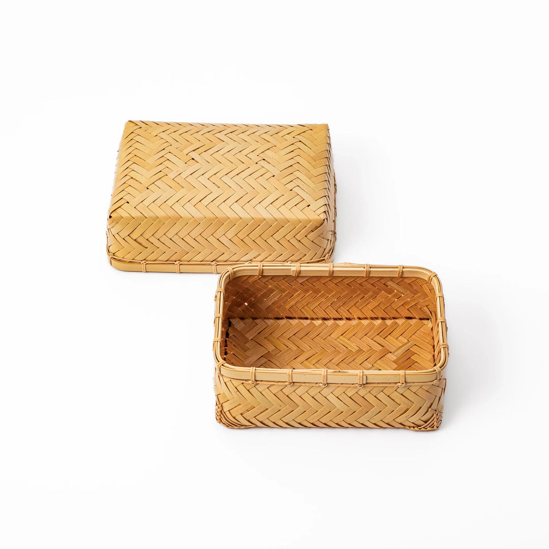 Open Japanese Ajiro weave bamboo bento box with lid showing the spacious interior for authentic lunch presentation