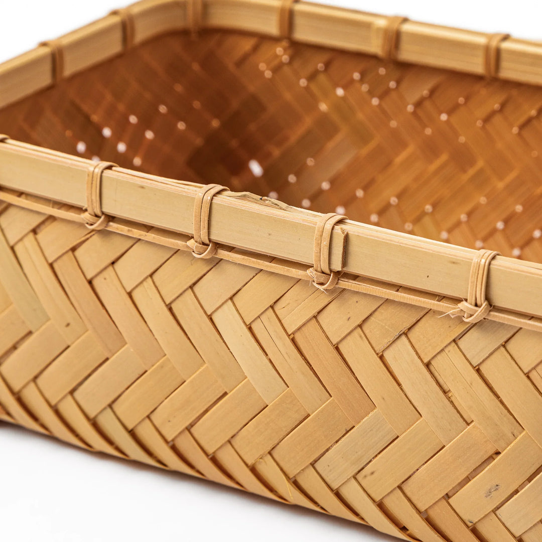 Close up of handcrafted Japanese Ajiro weave bamboo showing the detailed natural texture and authentic artisan skill