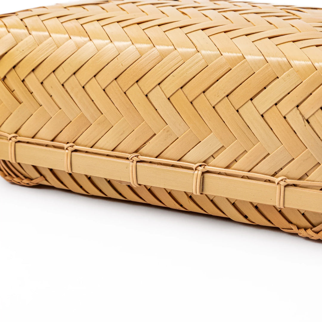 Close up of handcrafted Japanese Ajiro weave bamboo showing the detailed natural texture and authentic artisan skill
