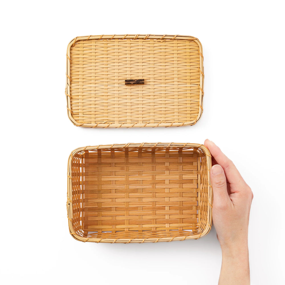 Open Japanese Goza weave bamboo bento box showing a breathable interior for authentic and fresh lunch presentation