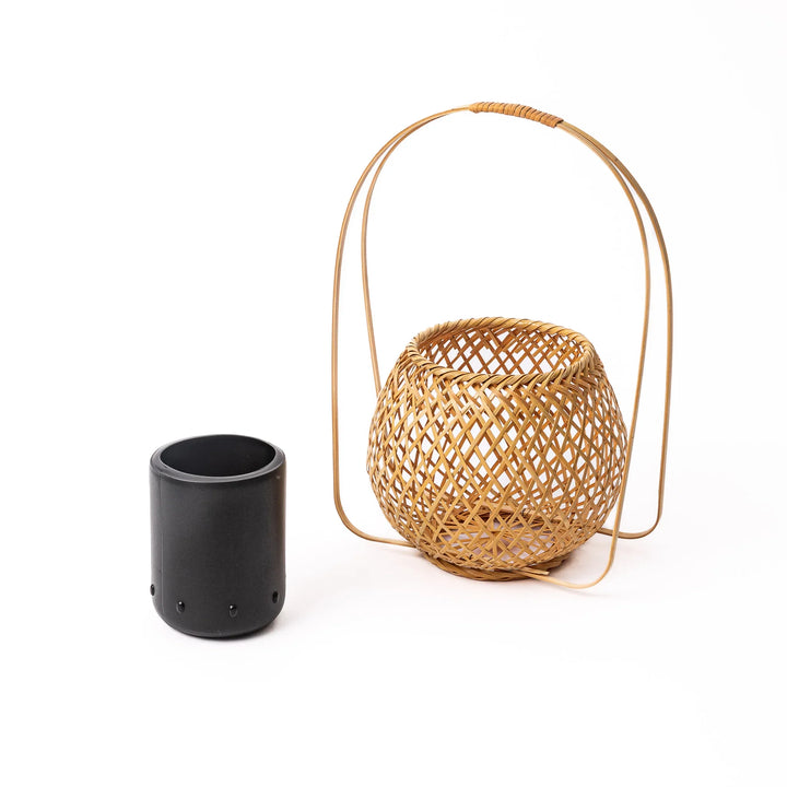 Japanese bamboo Ikebana basket vase set with a removable black inner water container for fresh flower displays