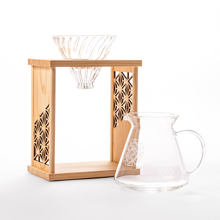 Japanese wood coffee dripper stand with Asanoha kumiko pattern in natural finish, including a glass funnel and server