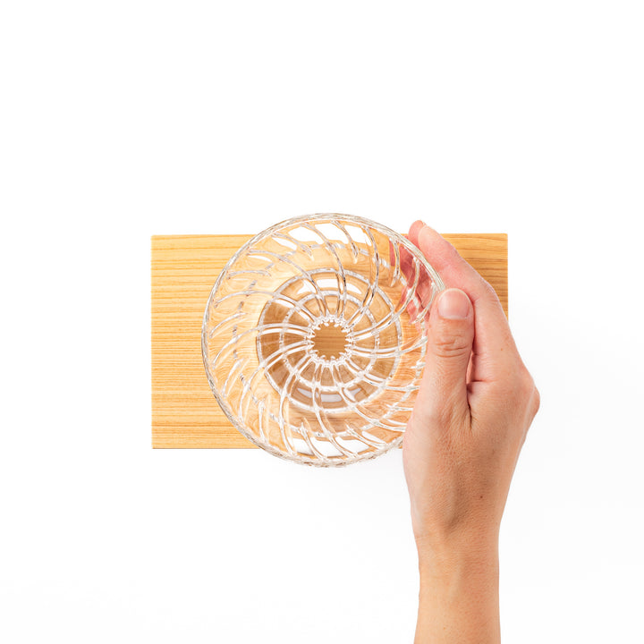 Japanese wood coffee dripper stand with Asanoha kumiko pattern in natural finish, including a glass funnel and server
