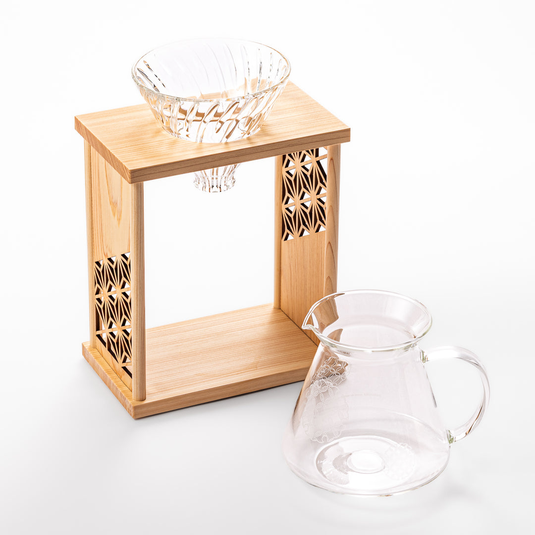 Japanese wood coffee dripper stand with Asanoha kumiko pattern in natural finish, including a glass funnel and server