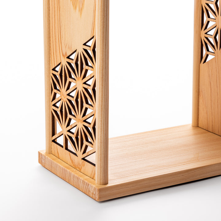 Japanese wood coffee dripper stand with Asanoha kumiko pattern in natural finish, including a glass funnel and server