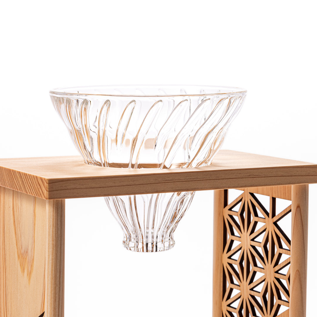 Japanese wood coffee dripper stand with Asanoha kumiko pattern in natural finish, including a glass funnel and server