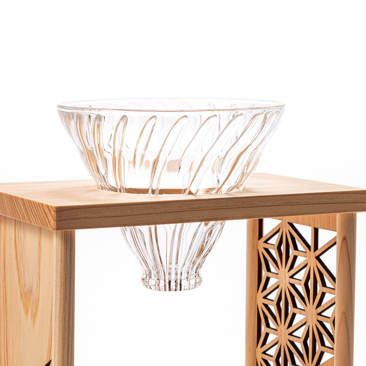 Japanese wood coffee dripper stand with Asanoha kumiko pattern in natural finish, including a glass funnel and server