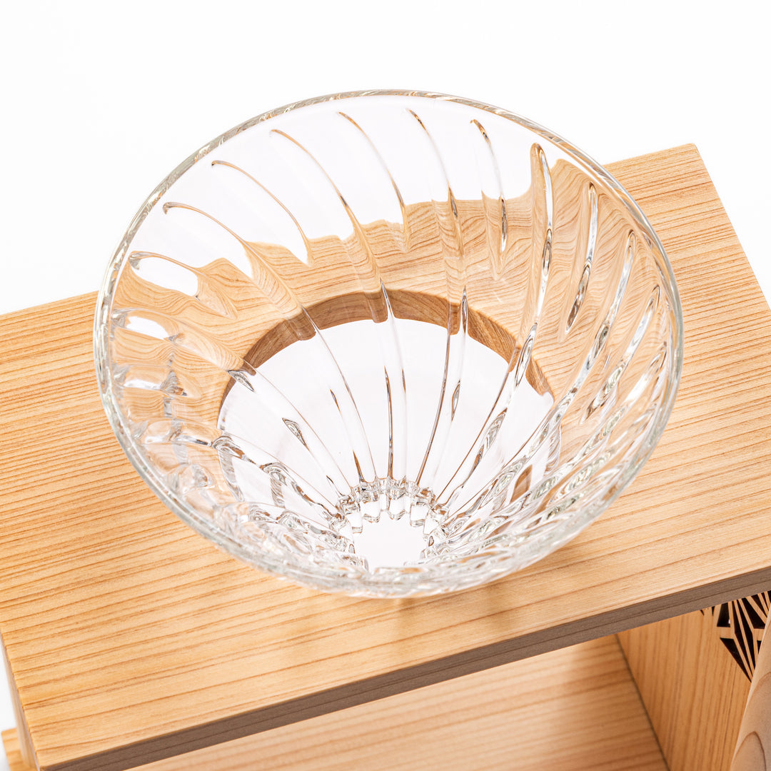 Japanese wood coffee dripper stand with Asanoha kumiko pattern in natural finish, including a glass funnel and server