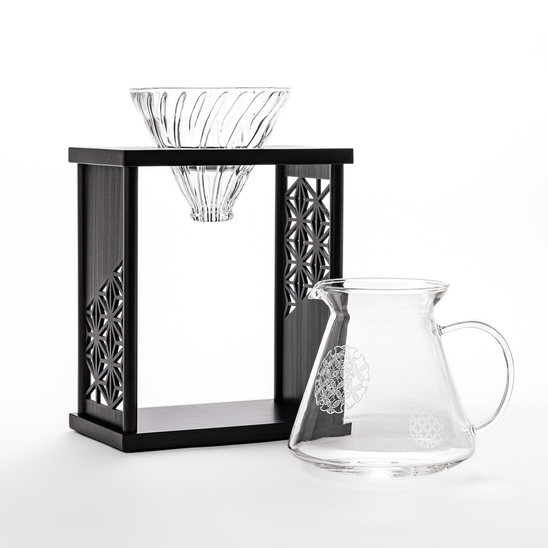 Japanese wood coffee dripper stand with Asanoha kumiko pattern in black finish, including a glass funnel and server