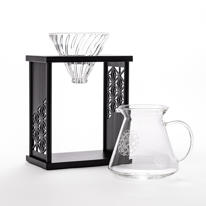 Japanese wood coffee dripper stand with Asanoha kumiko pattern in black finish, including a glass funnel and server