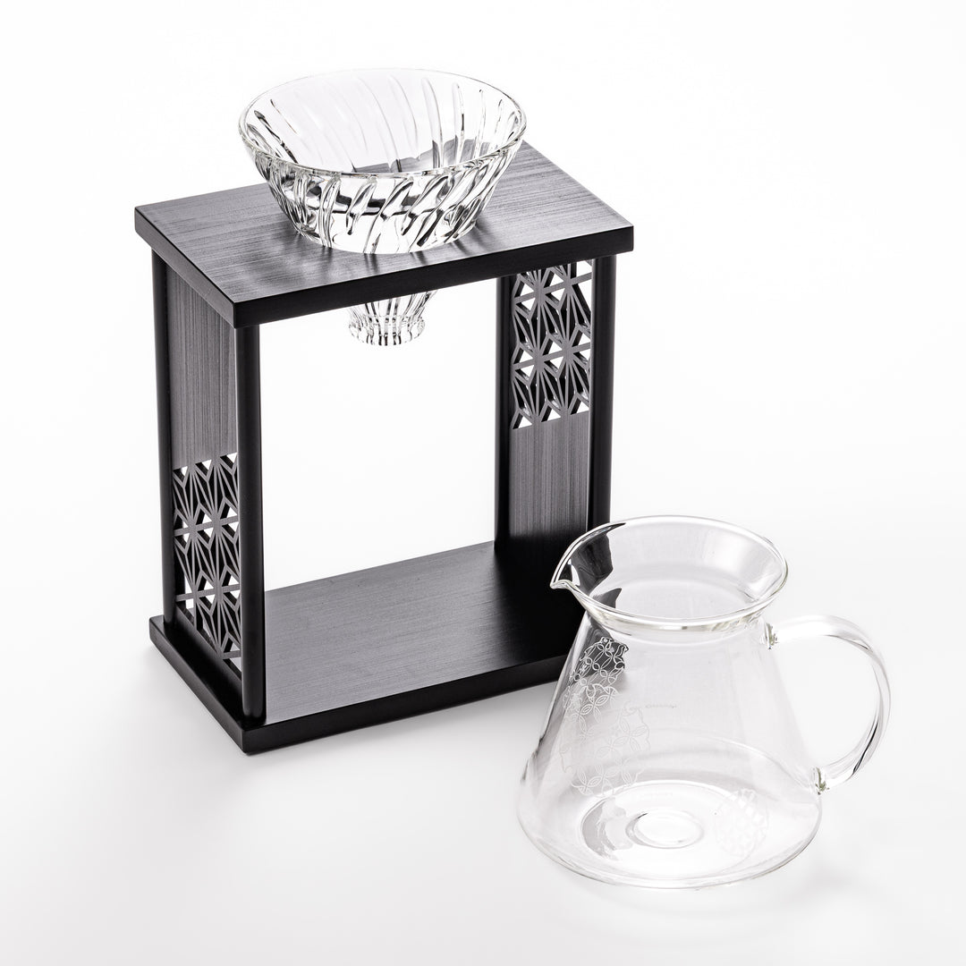 Japanese wood coffee dripper stand with Asanoha kumiko pattern in black finish, including a glass funnel and server