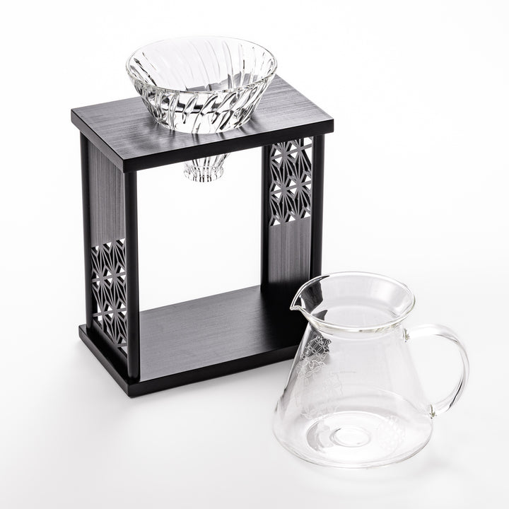 Japanese wood coffee dripper stand with Asanoha kumiko pattern in black finish, including a glass funnel and server