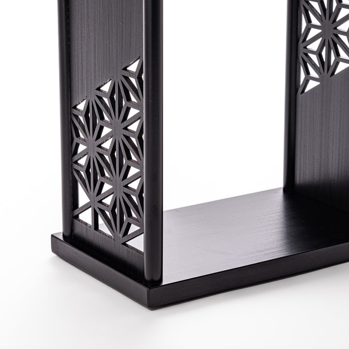 Japanese wood coffee dripper stand with Asanoha kumiko pattern in black finish, including a glass funnel and server