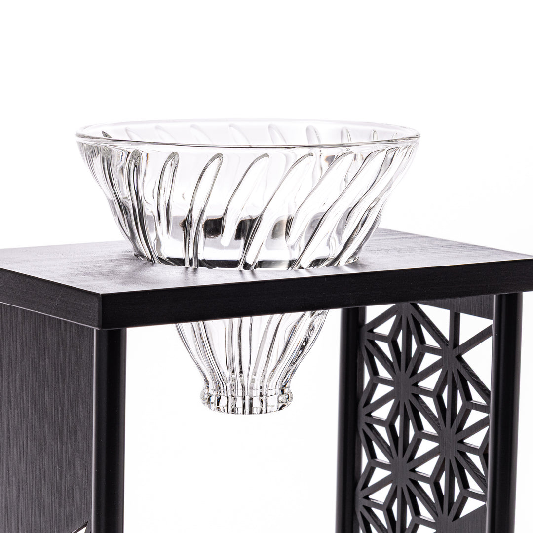 Japanese wood coffee dripper stand with Asanoha kumiko pattern in black finish, including a glass funnel and server
