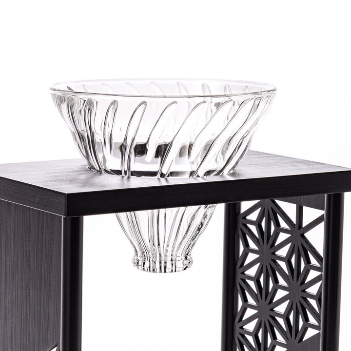 Japanese wood coffee dripper stand with Asanoha kumiko pattern in black finish, including a glass funnel and server