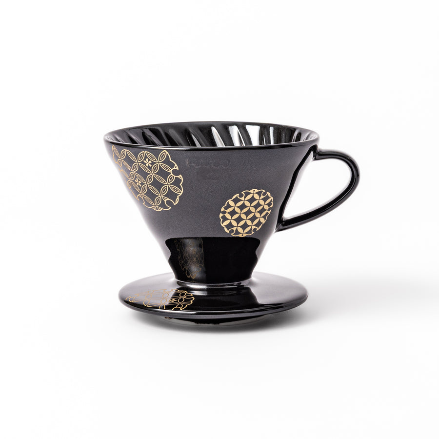 Japanese black ceramic coffee dripper size 02, featuring gold Shippou pattern details for pour over coffee brewing