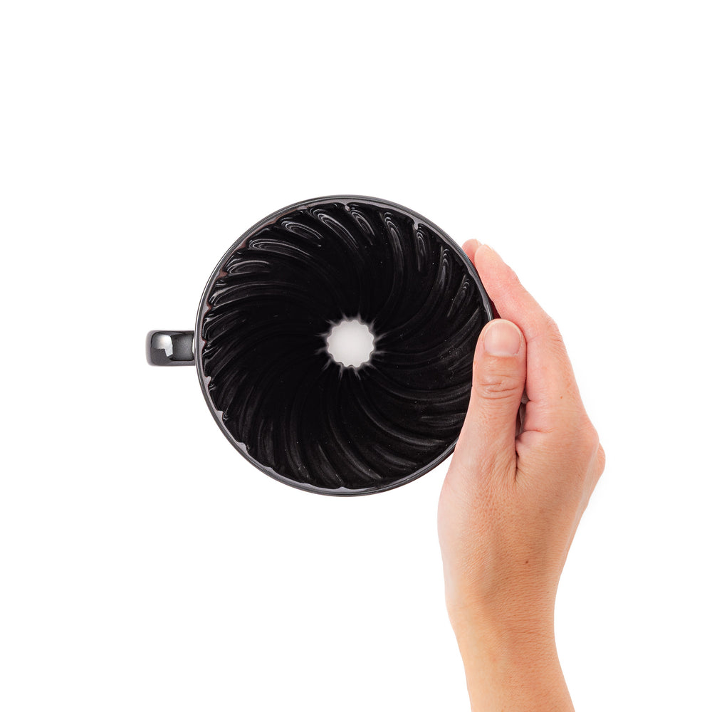 Japanese black ceramic coffee dripper size 02, featuring gold Shippou pattern details for pour over coffee brewing