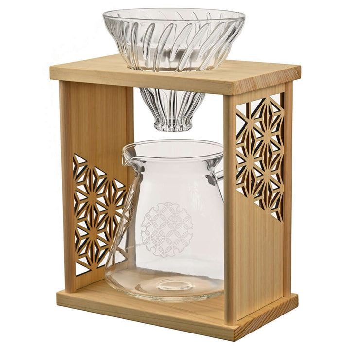 Aya asanoha wood coffee dripper set with clear glass pour over cone and matching server in carved wooden stand