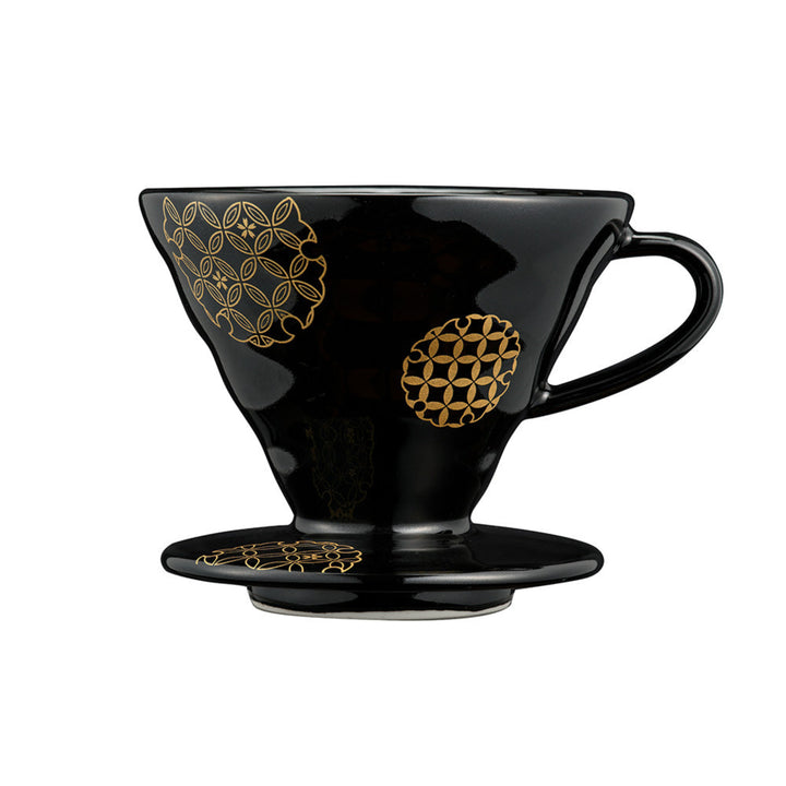 Black hario v60 ceramic coffee dripper with gold japanese shippo pattern traditional arita ware coffeeware pour over cone