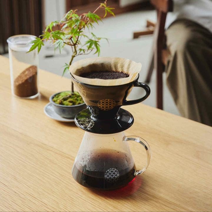 Resting black hario ceramic coffee dripper with grounds over glass server next to green bonsai tree on wooden table