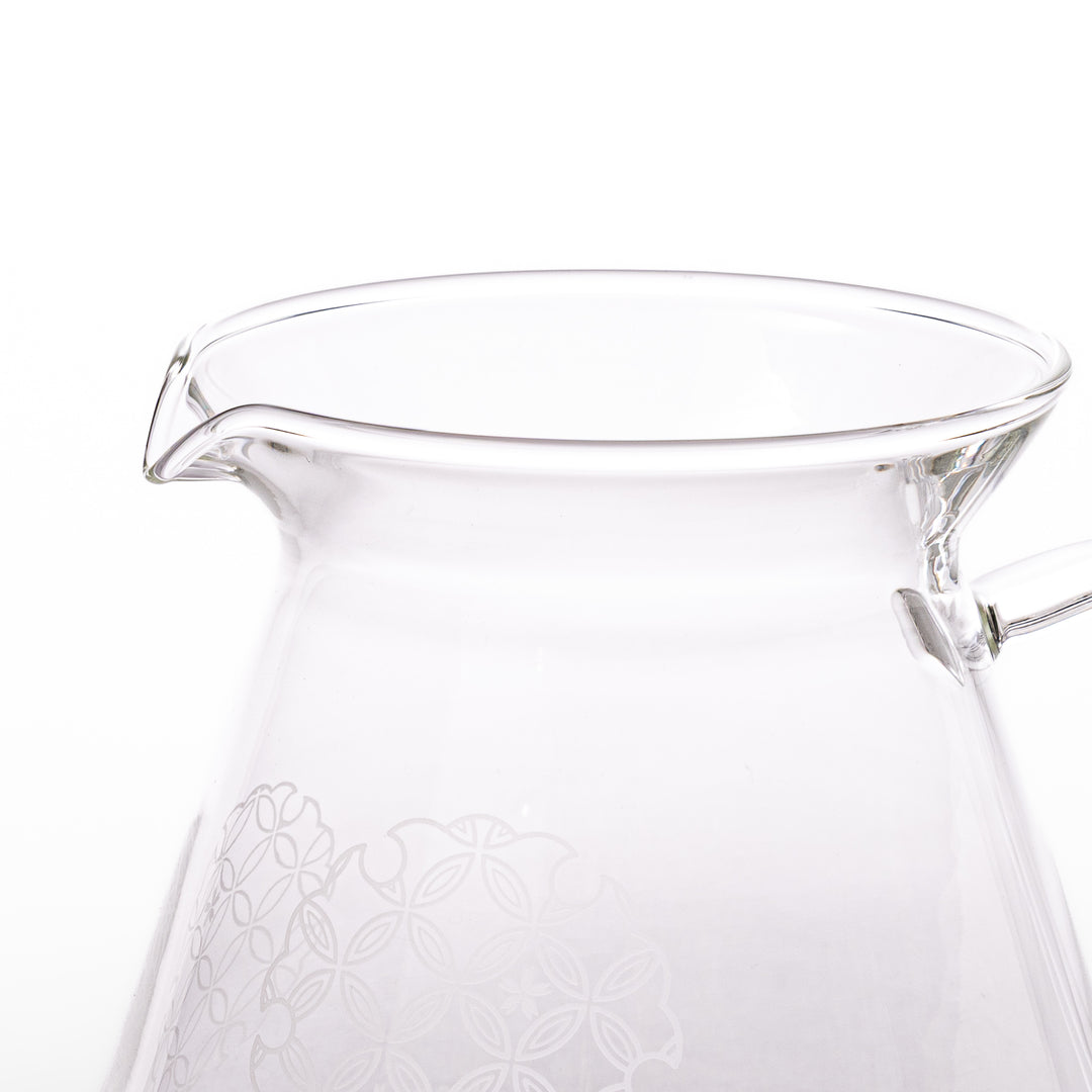 Japanese wood coffee dripper stand with Asanoha kumiko pattern in natural finish, including a glass funnel and server