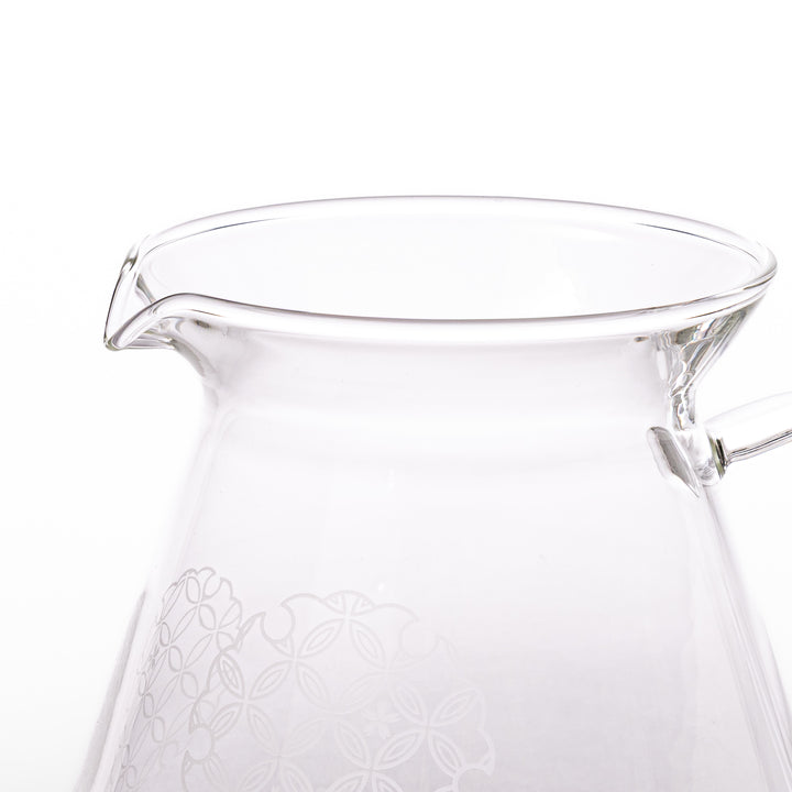 Japanese wood coffee dripper stand with Asanoha kumiko pattern in natural finish, including a glass funnel and server