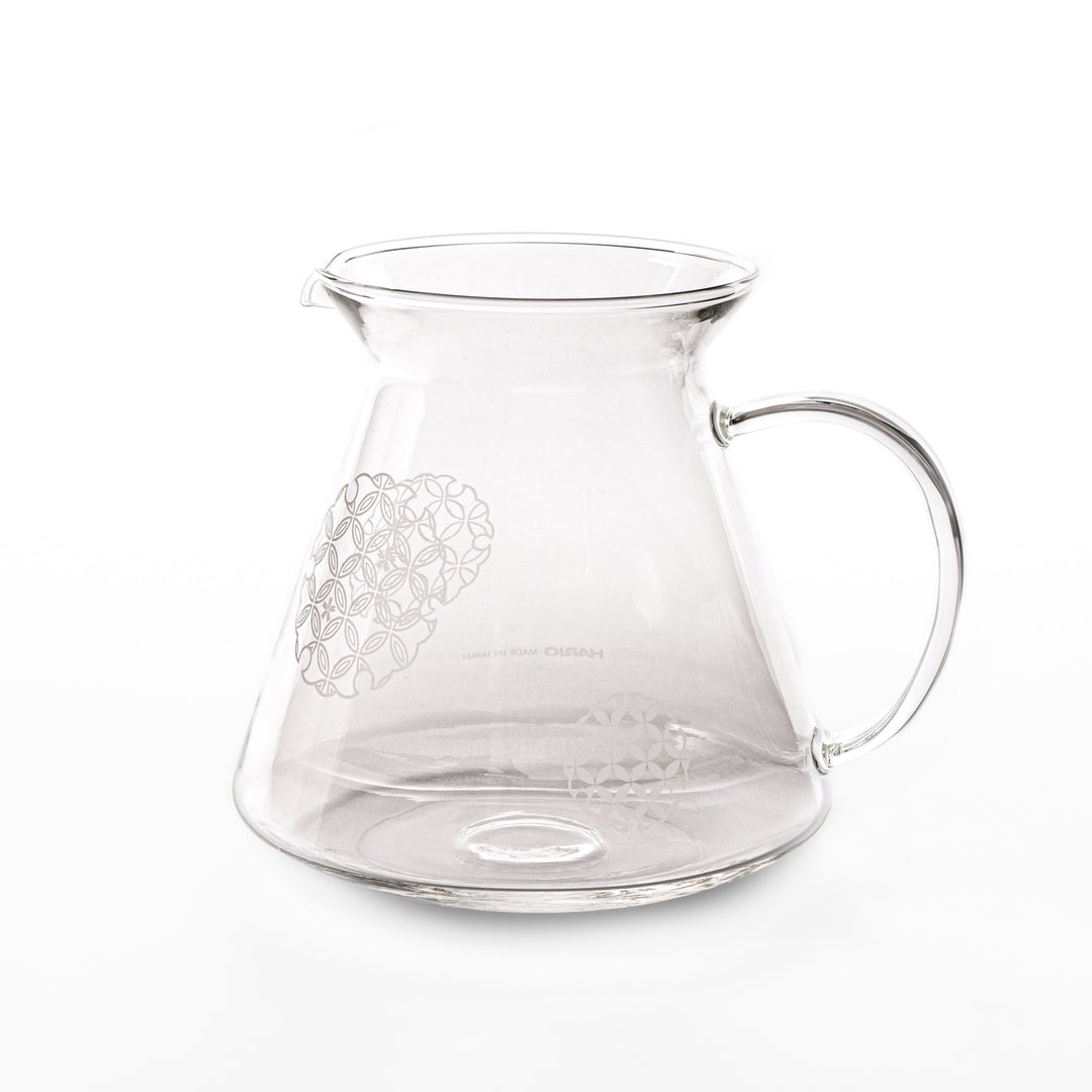 Japanese wood coffee dripper stand with Asanoha kumiko pattern in natural finish, including a glass funnel and server