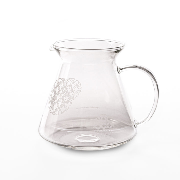 Japanese wood coffee dripper stand with Asanoha kumiko pattern in natural finish, including a glass funnel and server