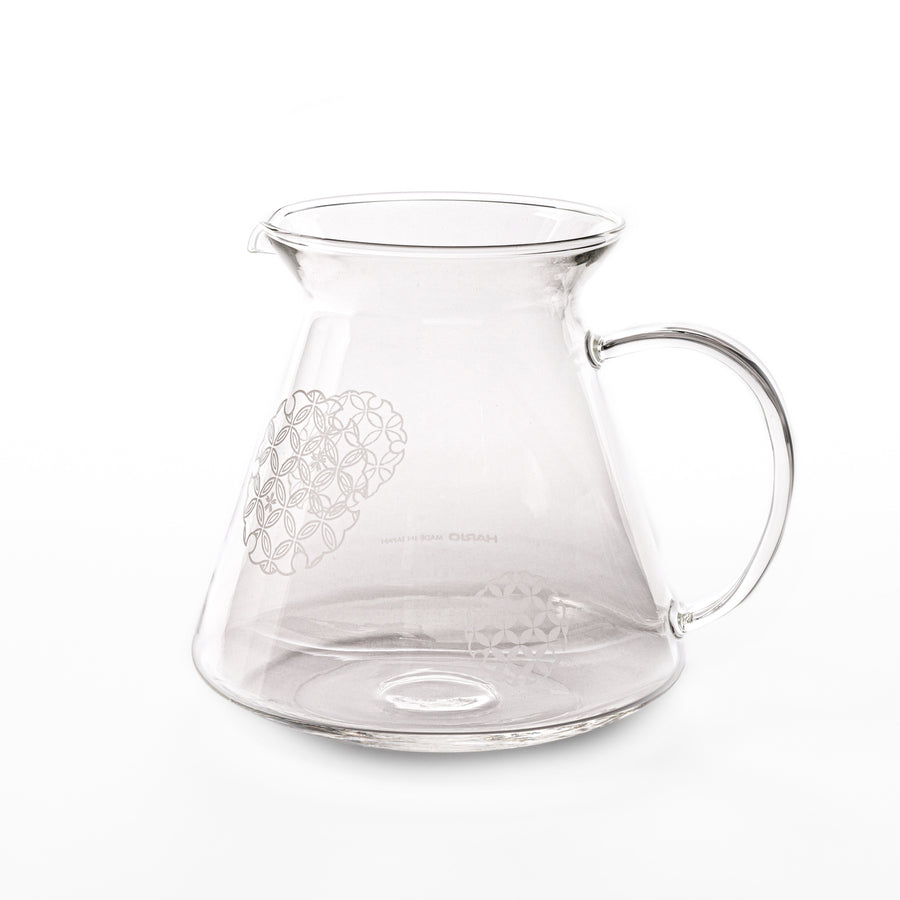 Japanese wood coffee dripper stand with Asanoha kumiko pattern in natural finish, including a glass funnel and server