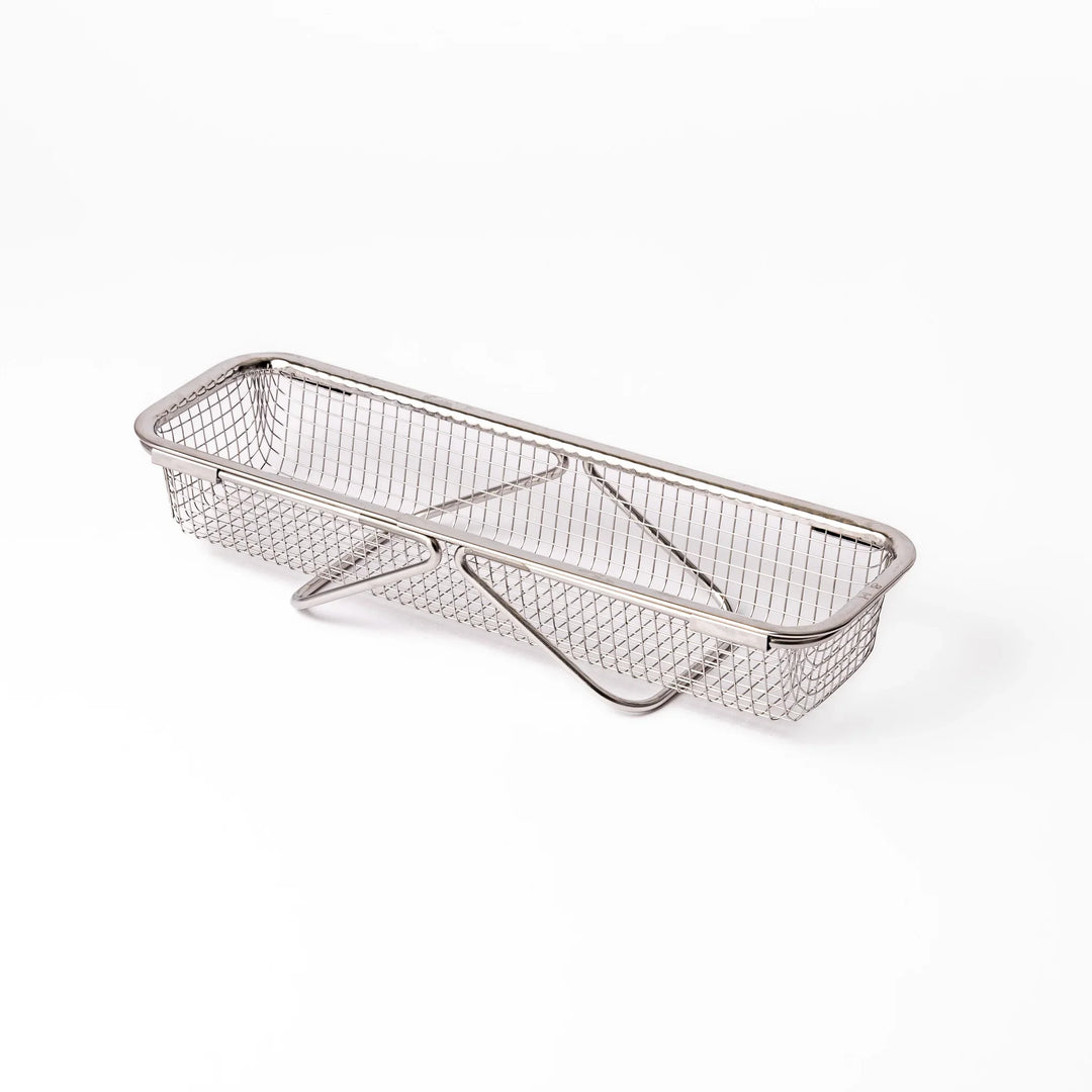Stainless steel rectangular strainer basket with handles for draining noodles or frying in Japanese cooking.