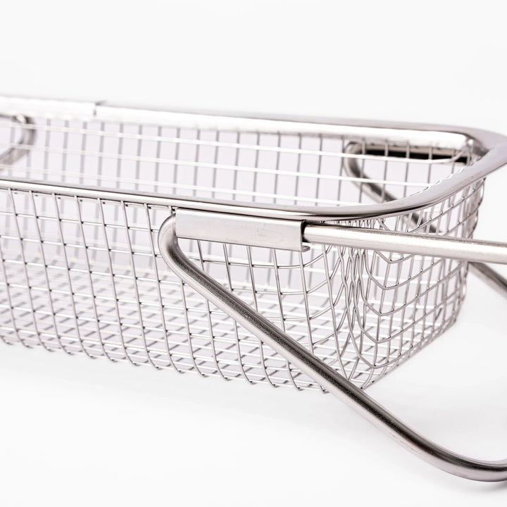 Stainless steel rectangular strainer basket with handles for draining noodles or frying in Japanese cooking.