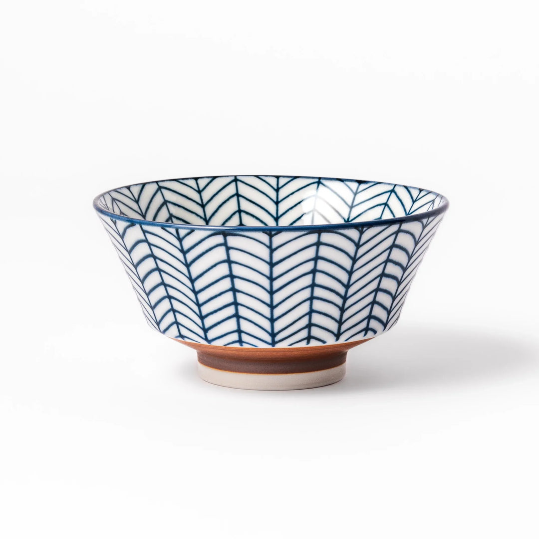 Japanese porcelain rice bowl with indigo arrow feather pattern and terracotta base, handcrafted in traditional style.