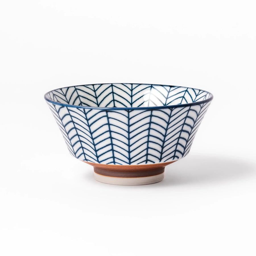 Japanese porcelain rice bowl with indigo arrow feather pattern and terracotta base, handcrafted in traditional style.