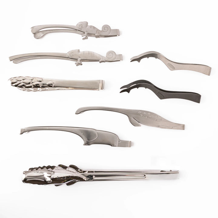 Unique Japanese stainless steel tongs collection featuring alligator chameleon elephant and asparagus shaped food servers