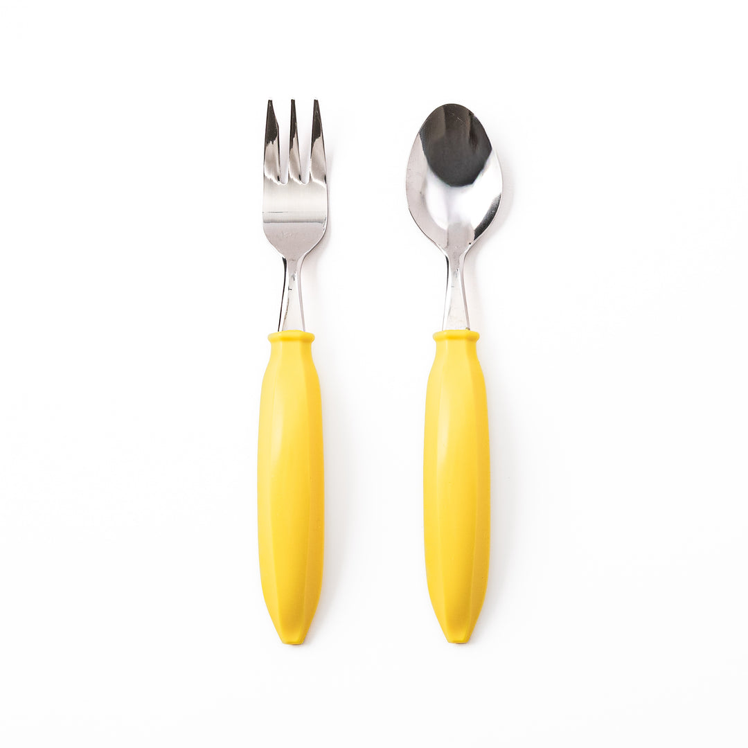 Cute banana spoon and fork set with bright yellow handles stainless steel kids tableware for everyday toddler meals