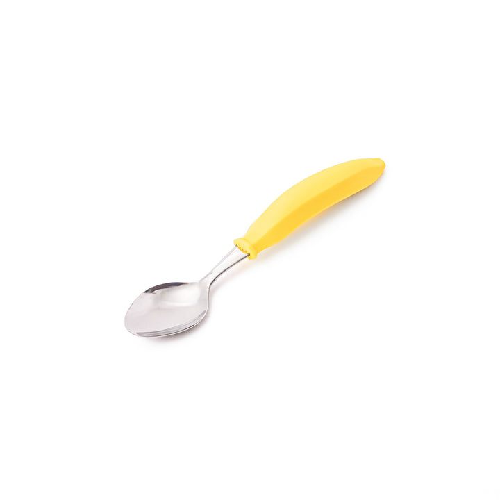 Cute stainless steel banana spoon with bright yellow handle high quality kids dessert spoon for snacks and toddler food