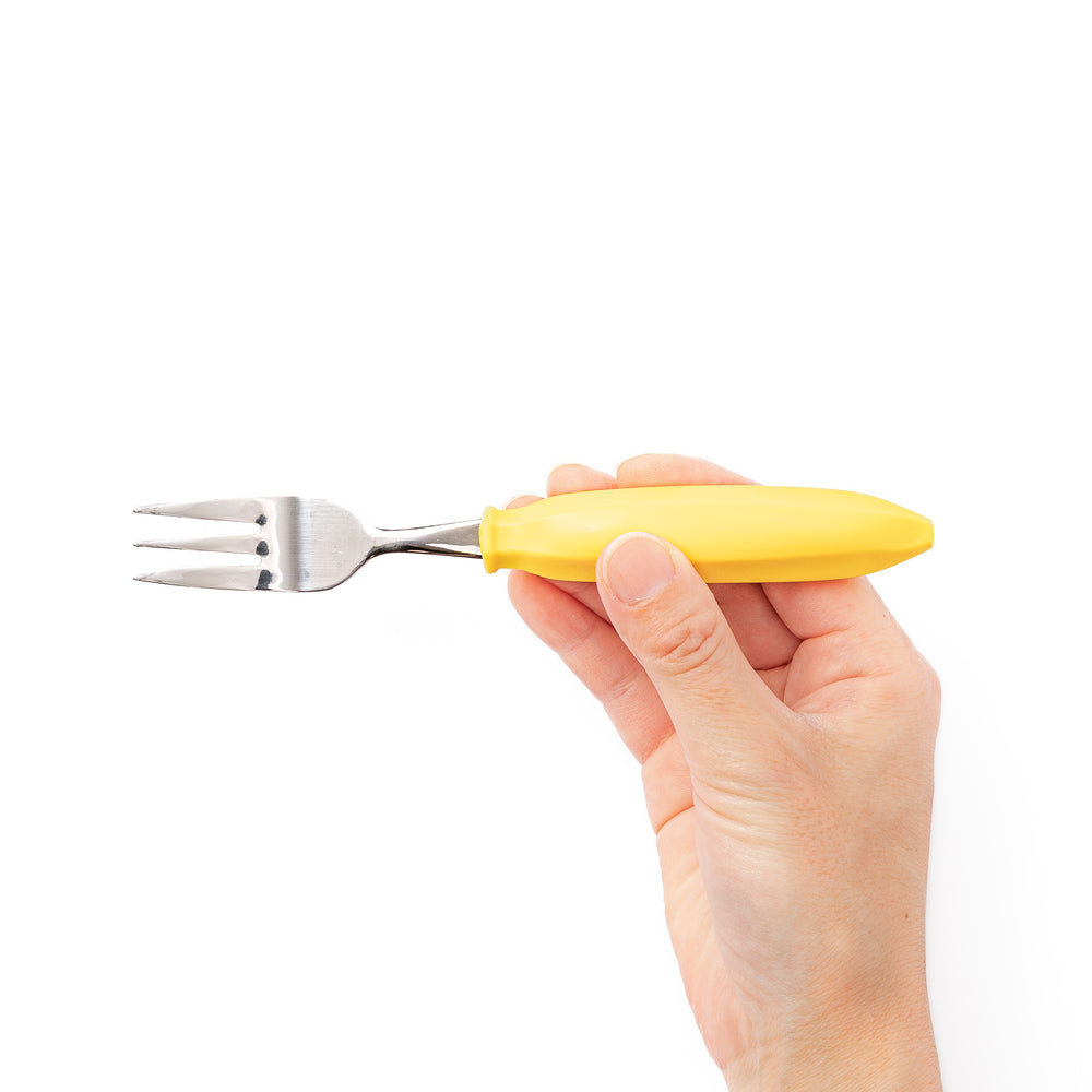 Cute stainless steel banana fork with bright yellow handle high quality kids dessert fork for fruits and toddler food
